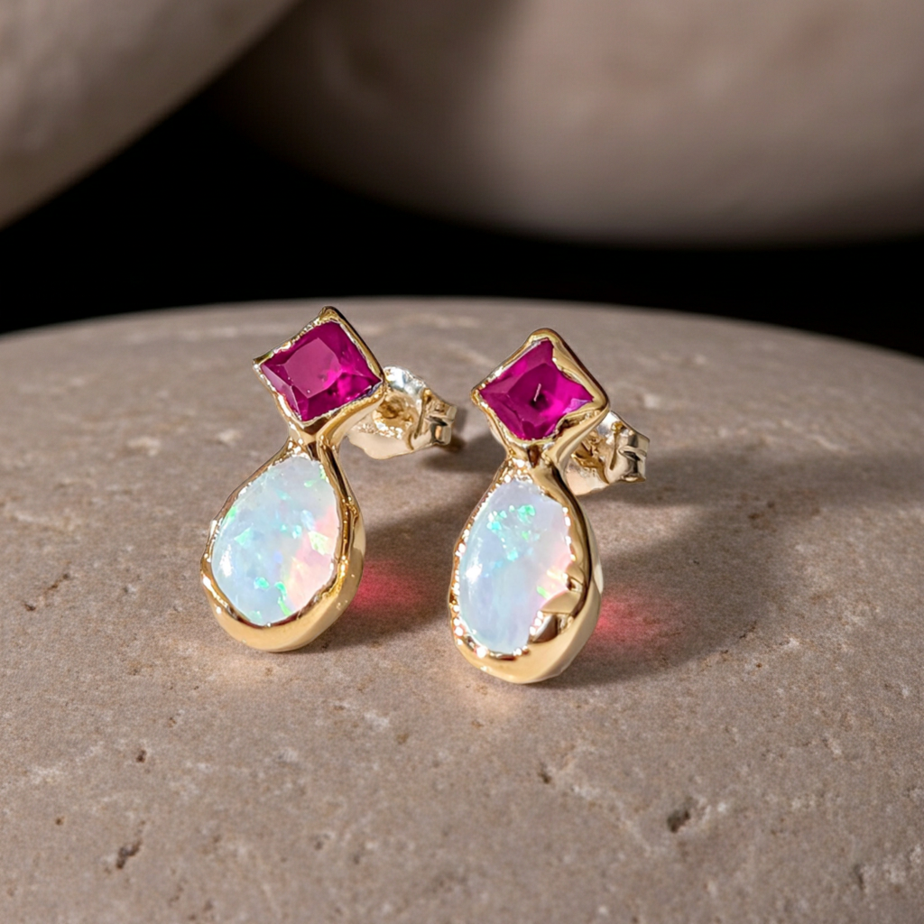 Gold earrings with pink gemstones and opal-like stones on a stone surface