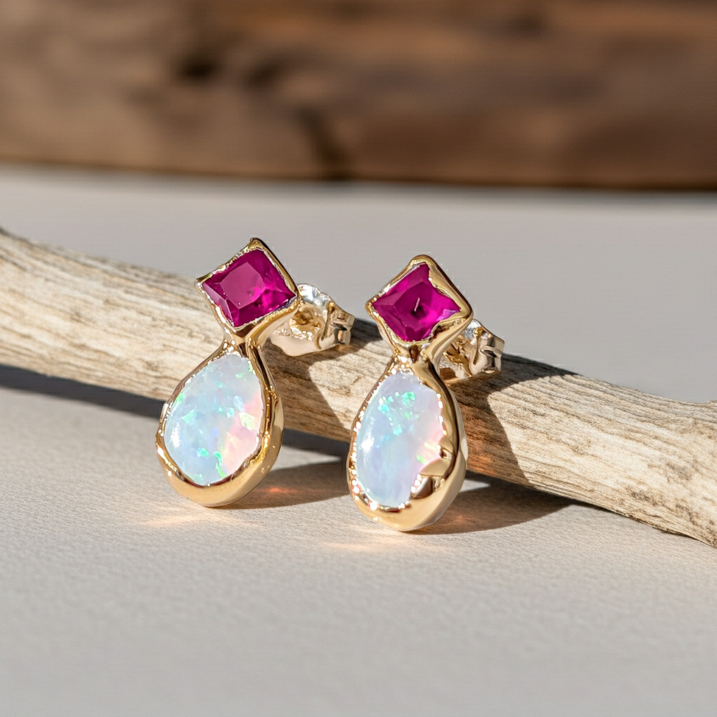 Gold earrings with Ruby and opal gemstones on a wooden surface