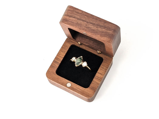 Add-on square shape wooden engagement ring gift box with ring inside, made of walnut wood, 2" x 2" x 1-1/4" size.
