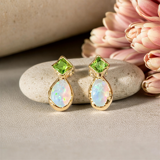 Gold earrings with green Peridot and Opals on a stone surface with pink flowers in the background