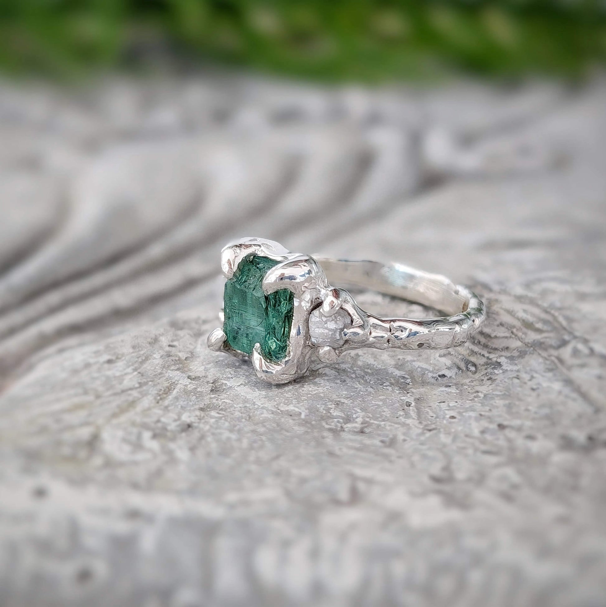 Raw Mint green Emerald and diamond engagement ring in textured Solid Sterling Silver.