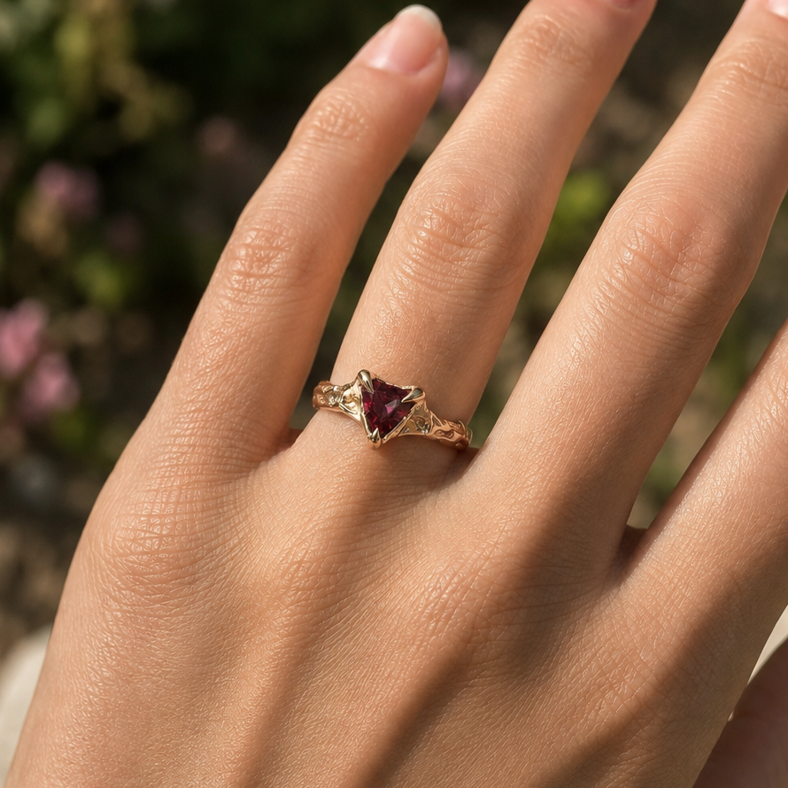 A gold-textured ring with a triangular Rubellite tourmaline, worn on a person's ring finger against a blurred outdoor background of green foliage and pink flowers.