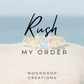 Diamond ring with 'Rush My Order' text and 'Moondrop Creations' branding on a light blue and white background.