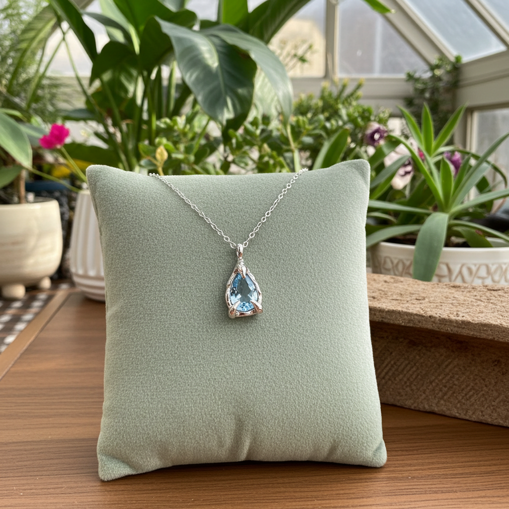 Silver Necklace with a teardrop-shaped Aquamarine gemstone pendant on a green cushion, with plants in the background.