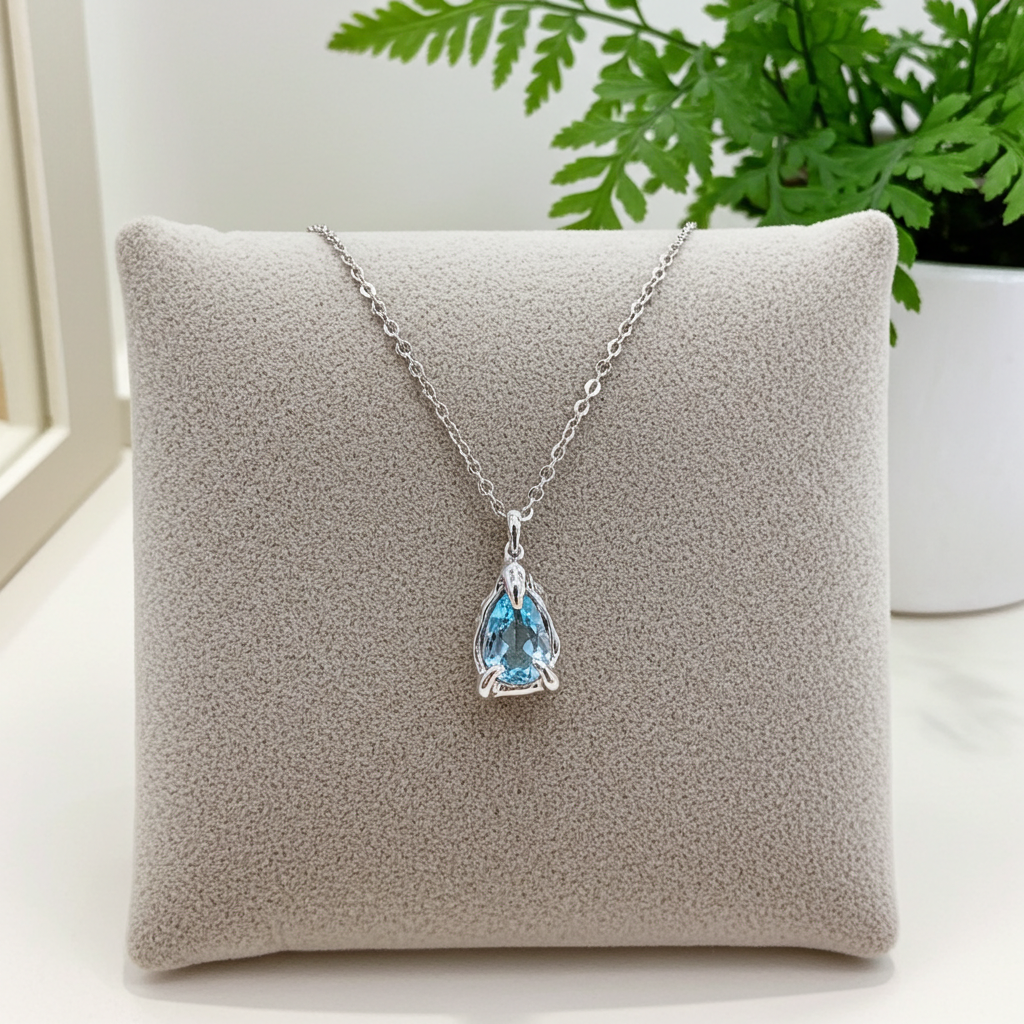 Silver necklace with an Aquamarine teardrop-shaped pendant on a gray cushion, with green leaves in the background.