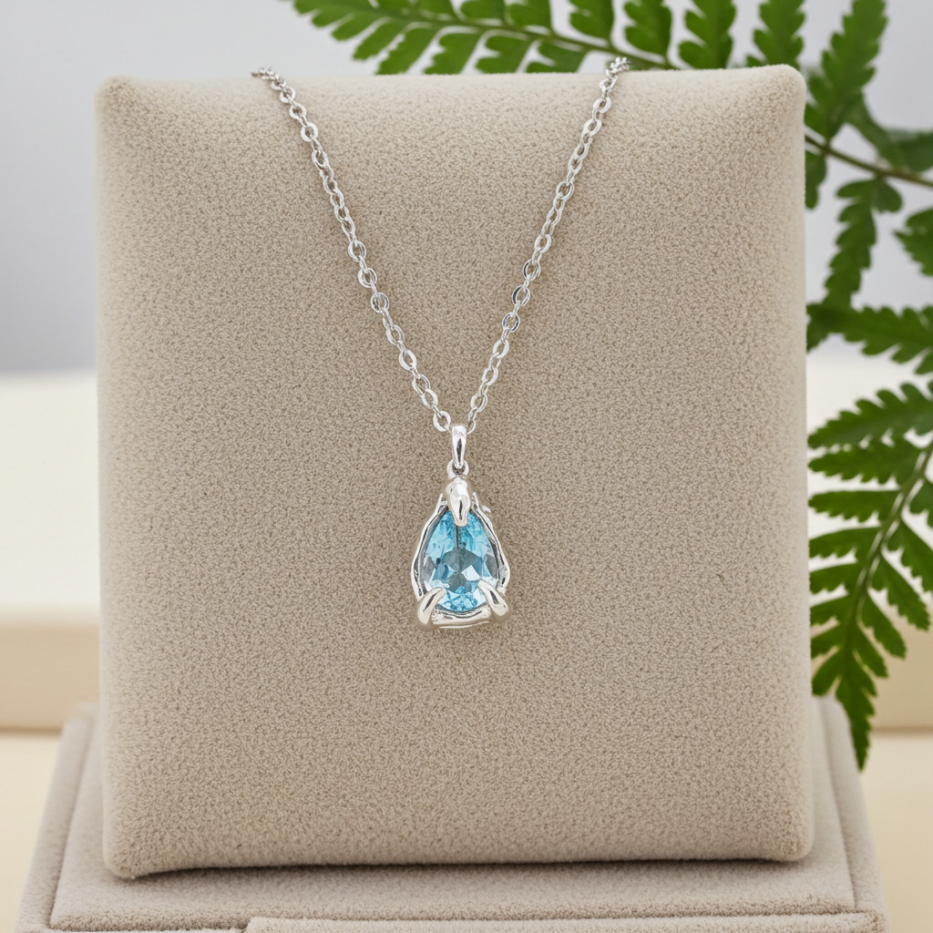 Silver necklace with an aquamarine pendant on a beige cushion, with green leaves in the background