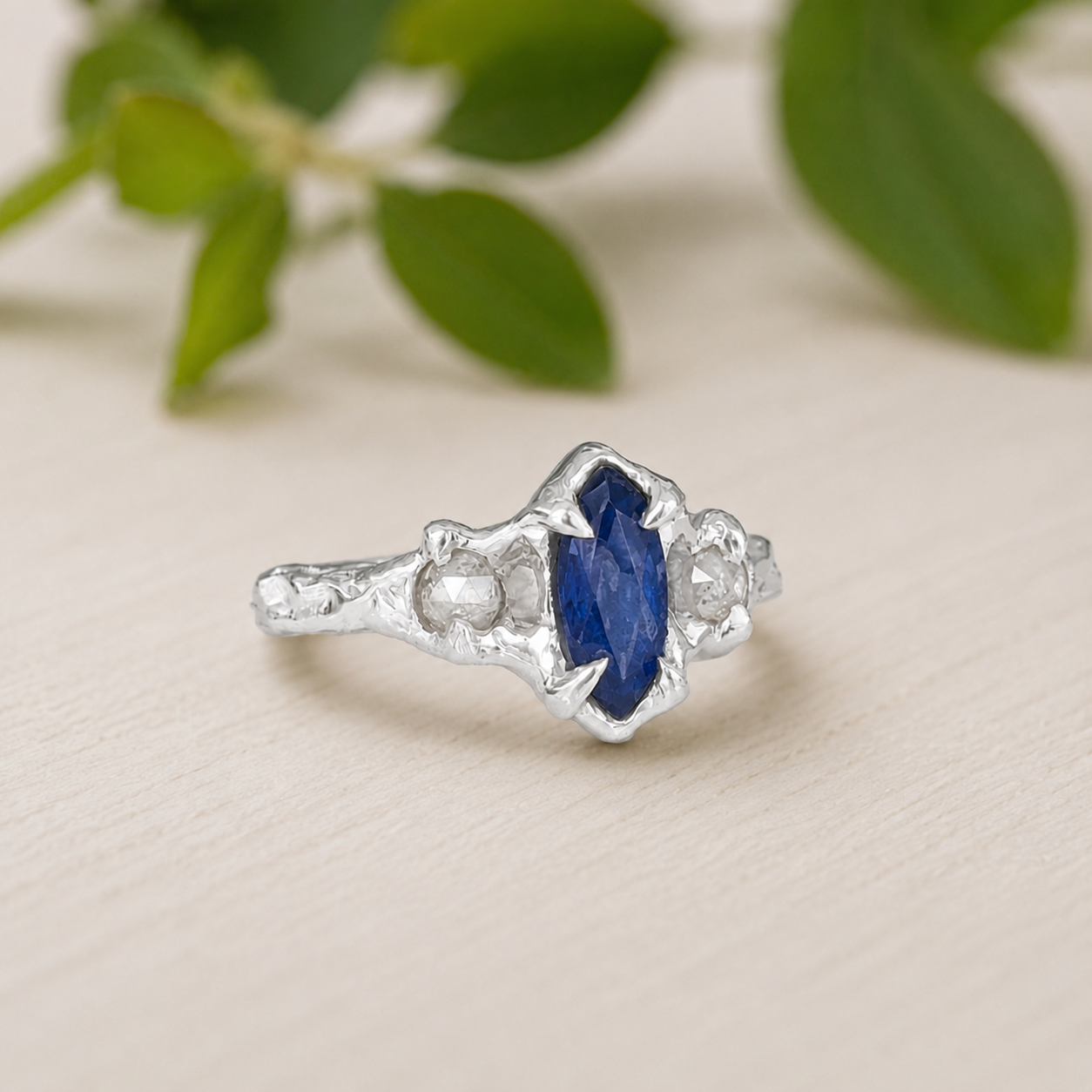 Sapphire and Diamond Engagement Ring – Marquise Cut Sapphire, Sterling Silver Rustic Band