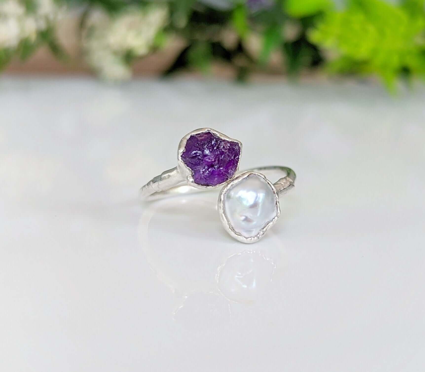 Toi et Moi raw gemstone ring featuring purple and white stones, symbolizing love and family connections.