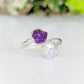 Toi et Moi raw gemstone ring featuring purple raw stone and lustrous pearl, perfect for birthstone celebrations.