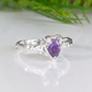 Amethyst engagement ring in solid sterling silver with organic textured band and pear-shaped crystal.