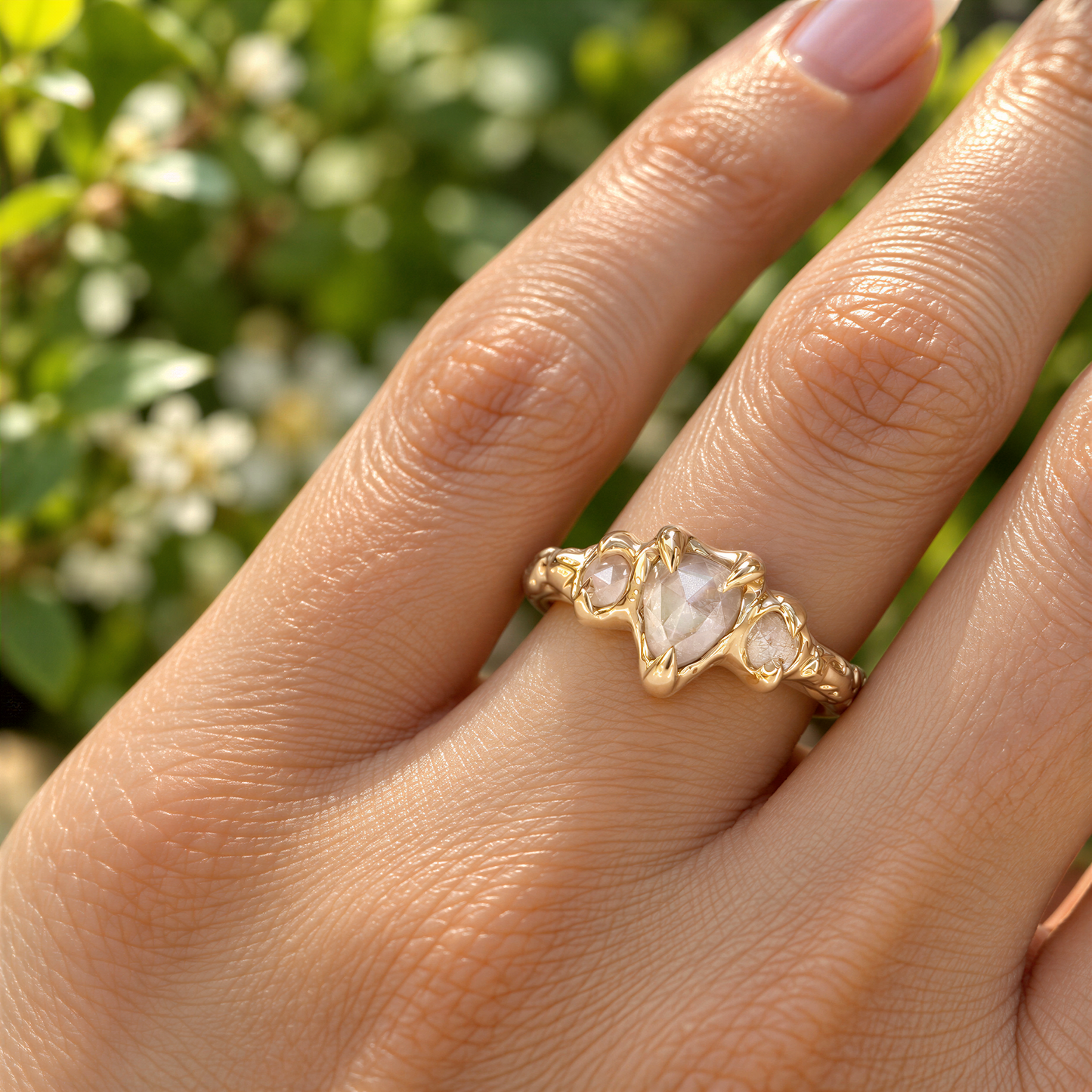 A close-up of a gold ring with a large diamond in the center, set in a decorative band.