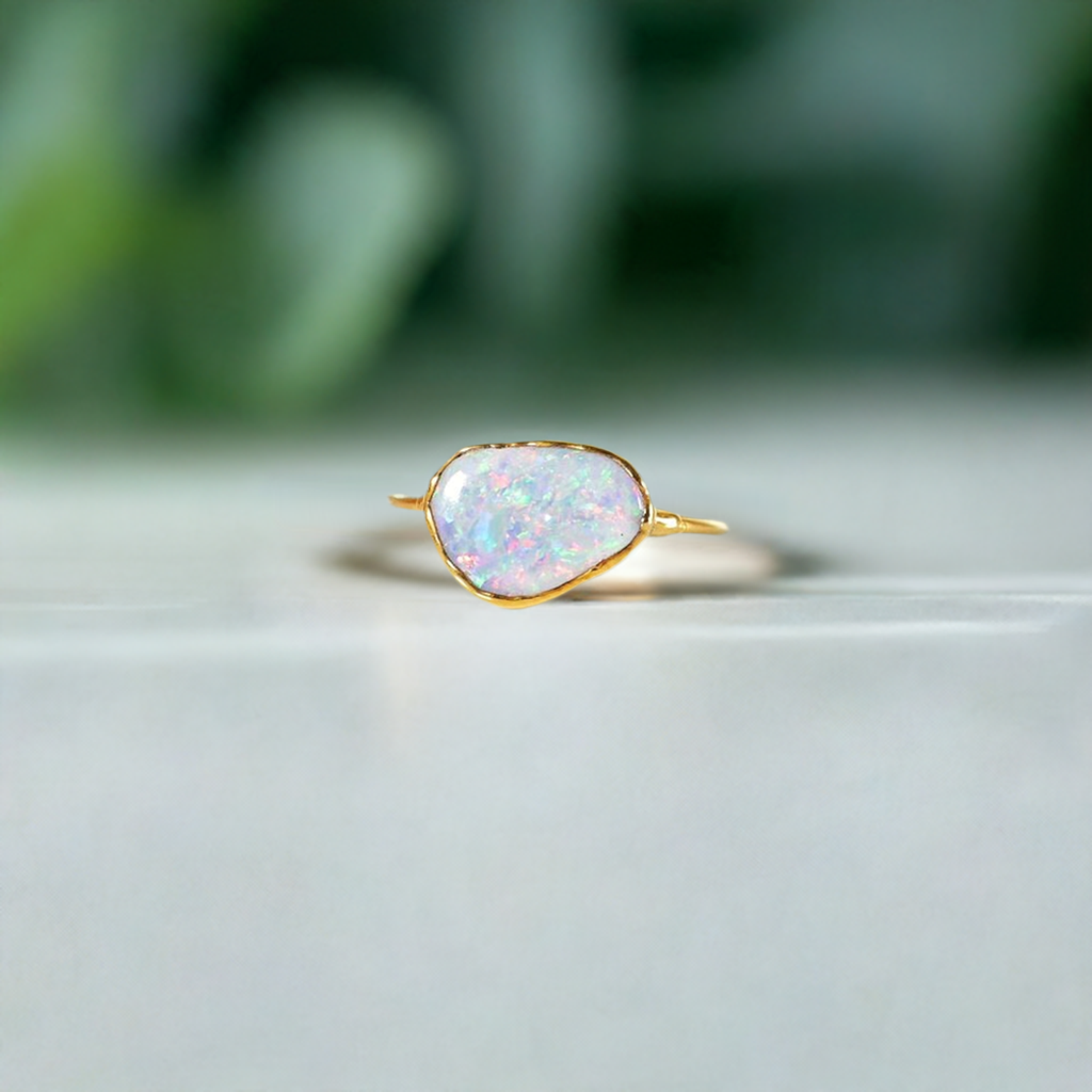 Handcrafted Australian Opal ring set in 14k Gold filled band, perfect for engagement or special occasions.