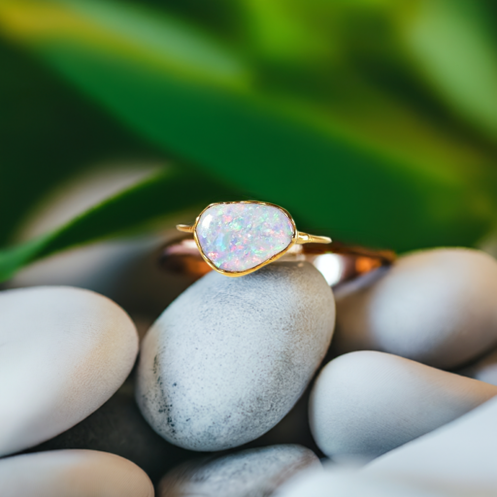 Stunning Australian Opal ring on smooth stones, showcasing unique handcrafted design with 14k gold-filled band.