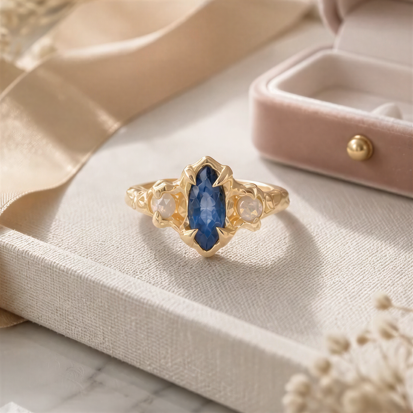 A gold ring with a blue gemstone, placed on a white surface, with a pink velvet box and some flowers in the background.