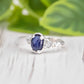 Blue Sapphire and raw diamond engagement ring in solid sterling silver, nature-inspired design, showcasing elegance.