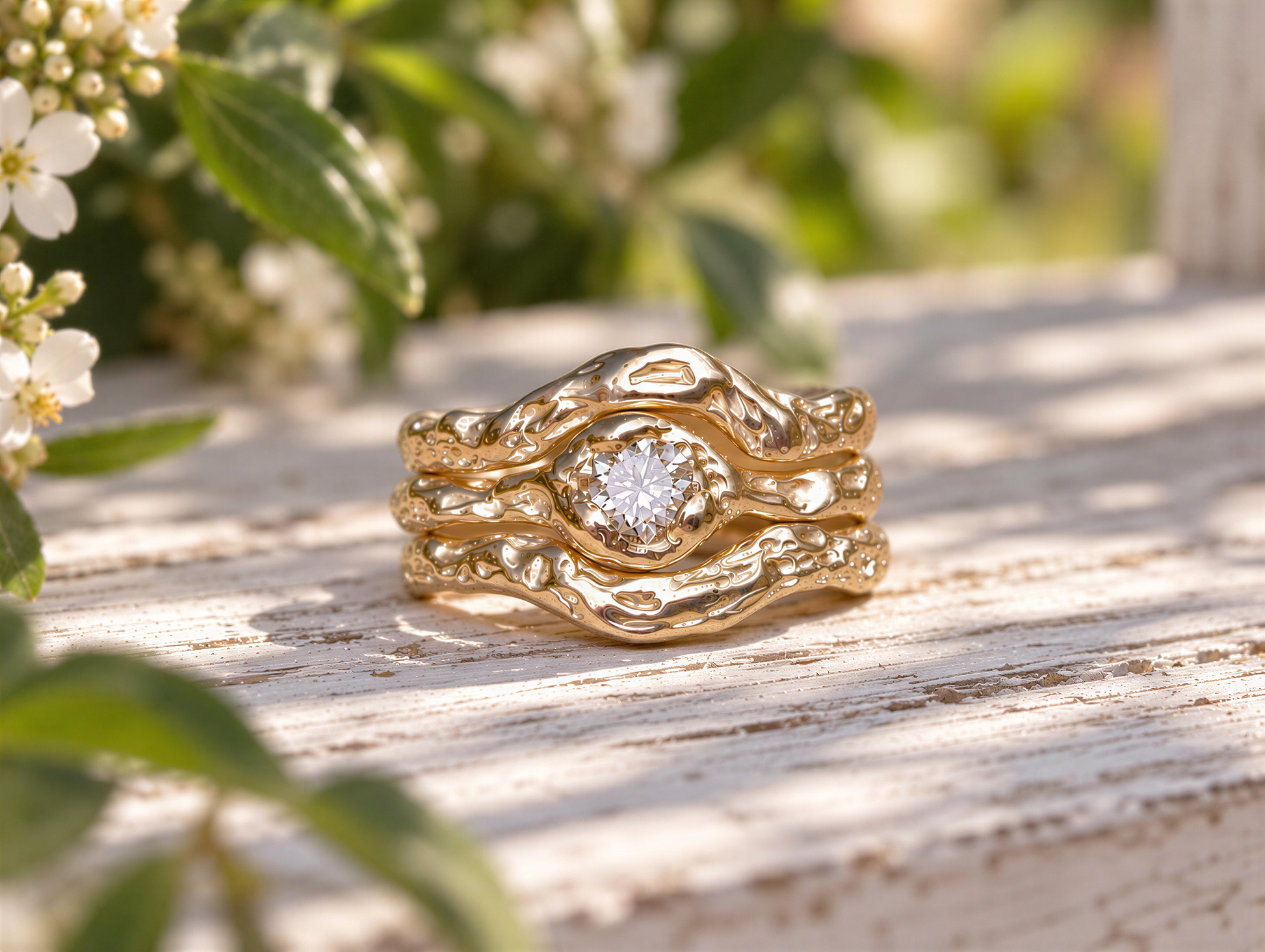 A gold ring with a large central diamond set in a unique, organic design sits on a wooden surface, surrounded by green foliage.