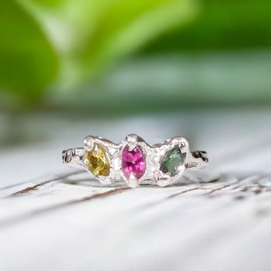Natural multi Tourmaline silver ring featuring colorful gemstones set in a stylish organic design.