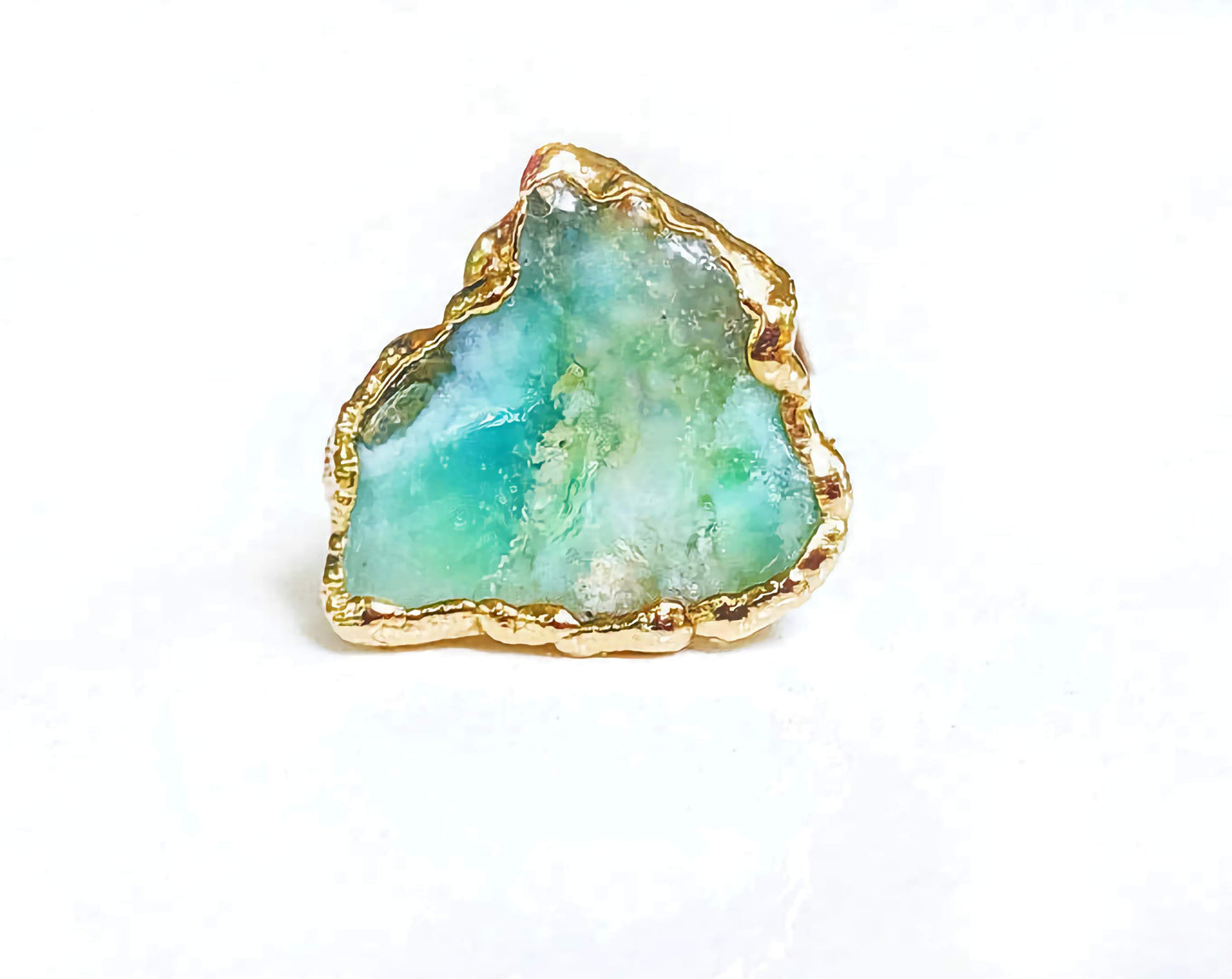 Unique aqua blue raw Peruvian opal ring, handcrafted with a gold filled band and electroformed bezel.