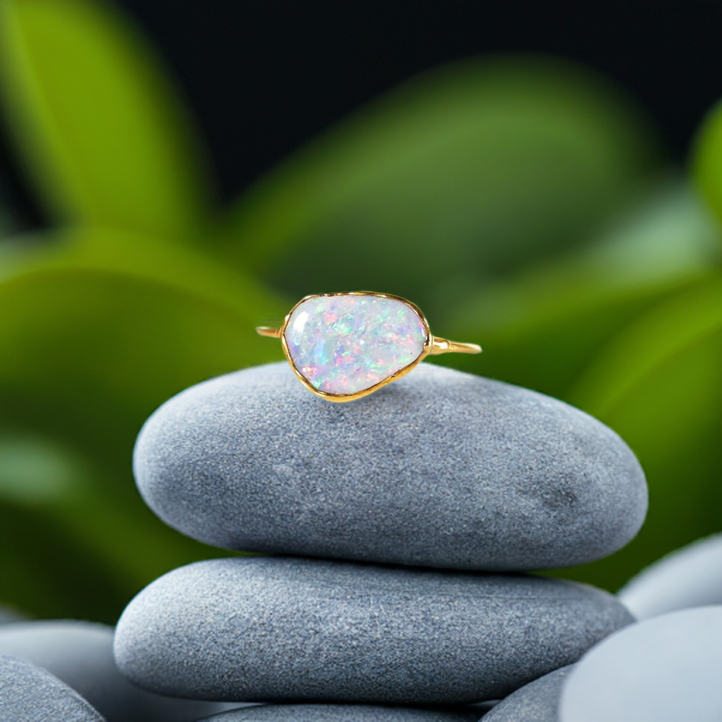Stunning Australian Opal ring on smooth gray stones, showcasing unique craftsmanship with a 14k gold filled band.