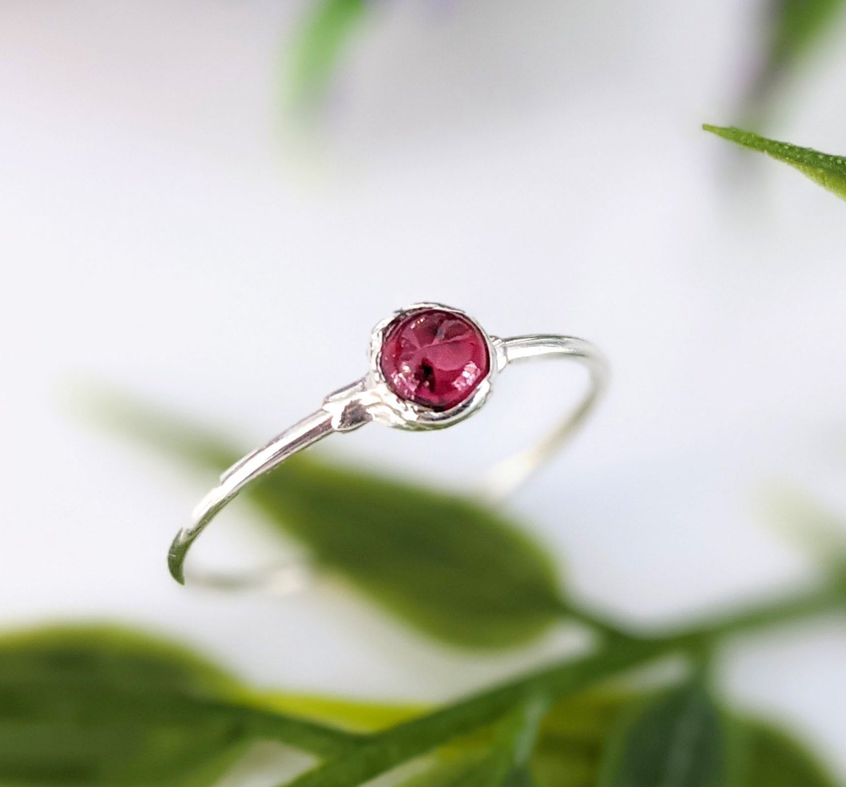 Dainty Ruby stacking ring in 18k gold with a 4mm natural Ruby on a sterling silver band.