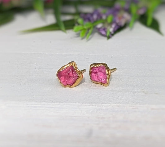Dainty raw pink Spinel stud earrings with 14k gold filled settings, perfect for everyday elegance or bridal wear.