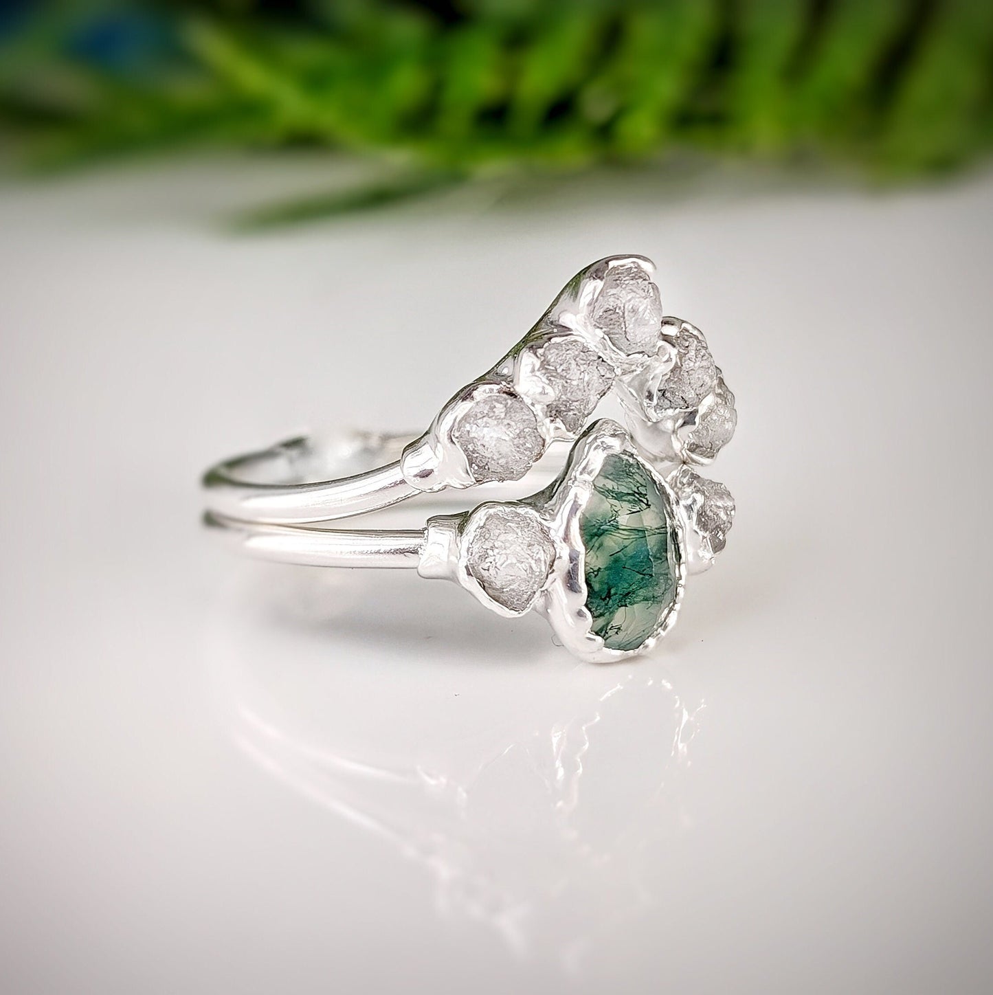 Moss Agate and raw diamond bridal ring set on Sterling Silver, featuring unique electroformed design.