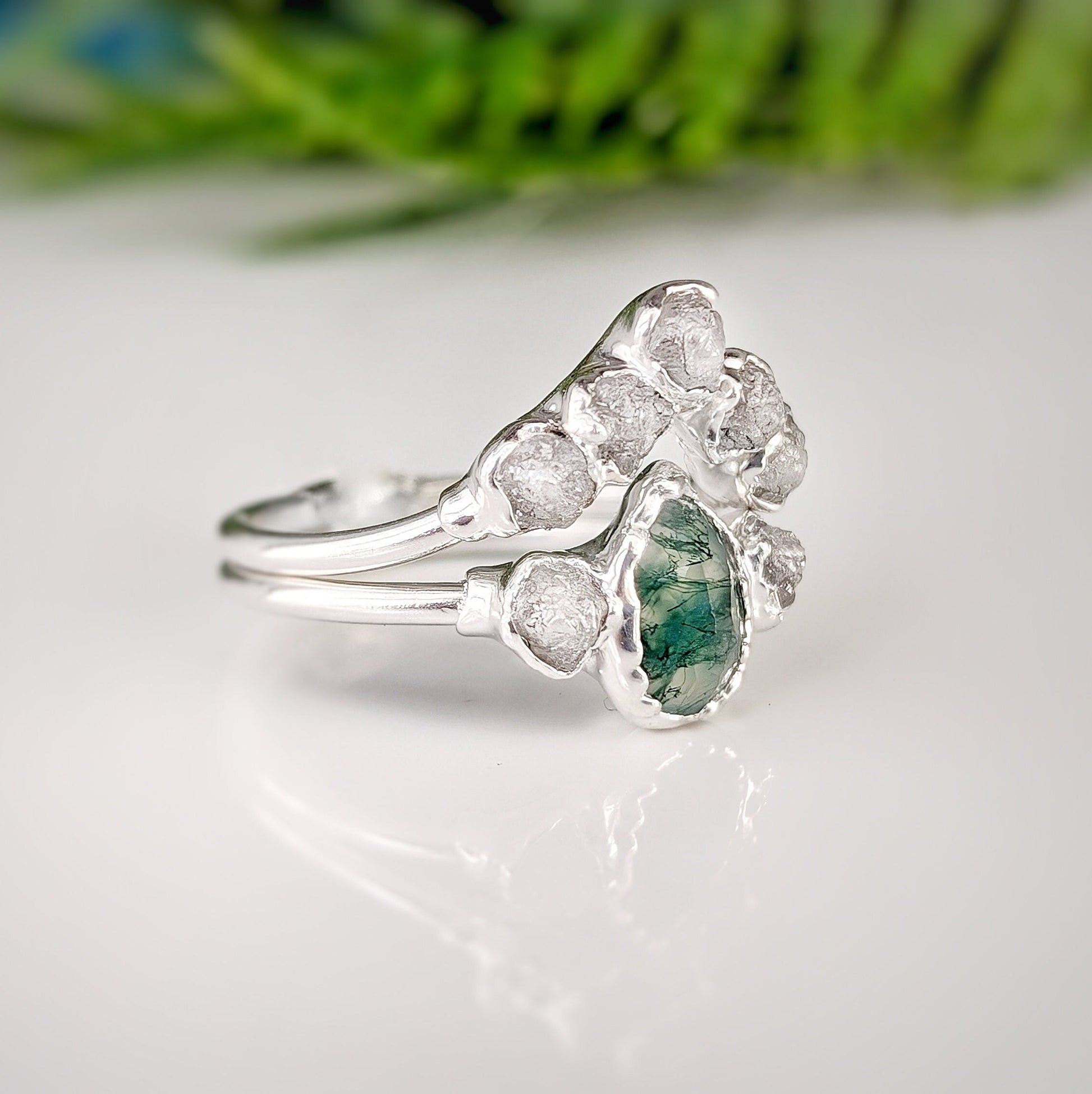 Moss Agate and raw diamond bridal ring set on sterling silver, showcasing unique electroformed design.