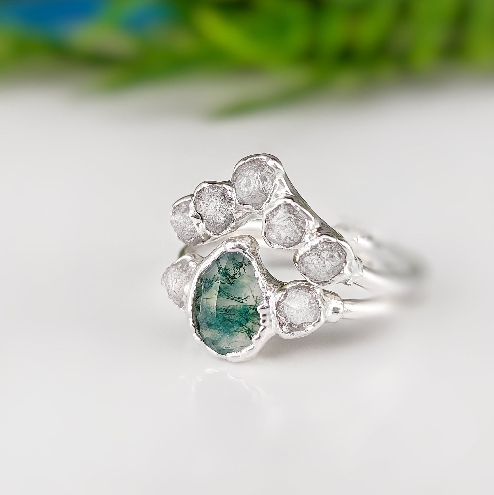 Moss Agate and raw diamond bridal ring set on Sterling Silver, featuring unique electroformed design.