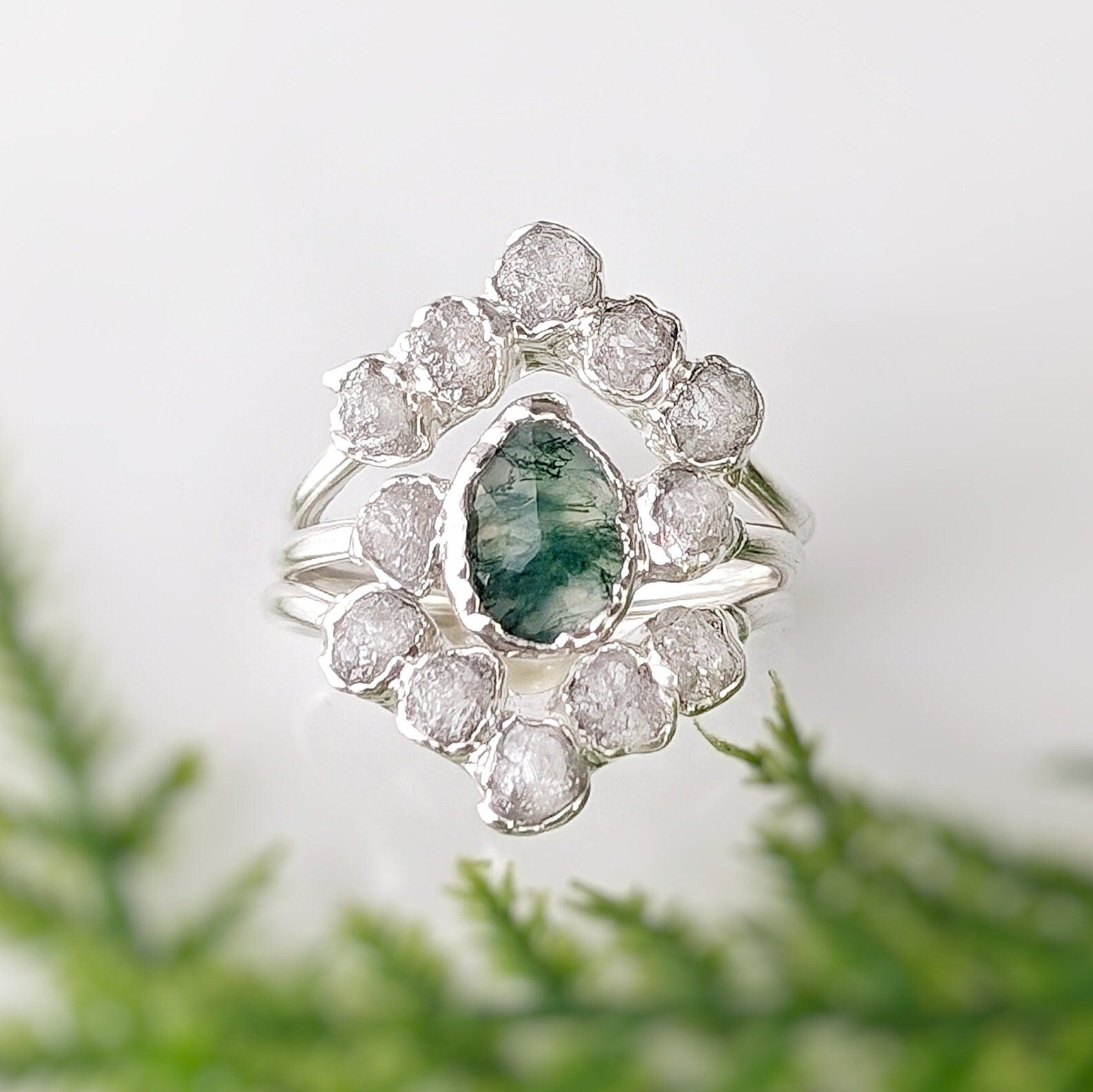 Moss Agate and raw diamond bridal ring set on sterling silver, featuring an elegant design and nature-inspired elements.