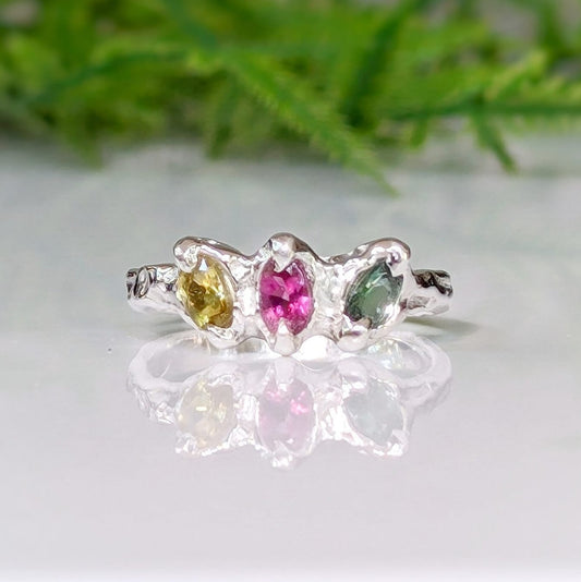 Natural multi Tourmaline silver ring with three colorful gemstones set in organic design.