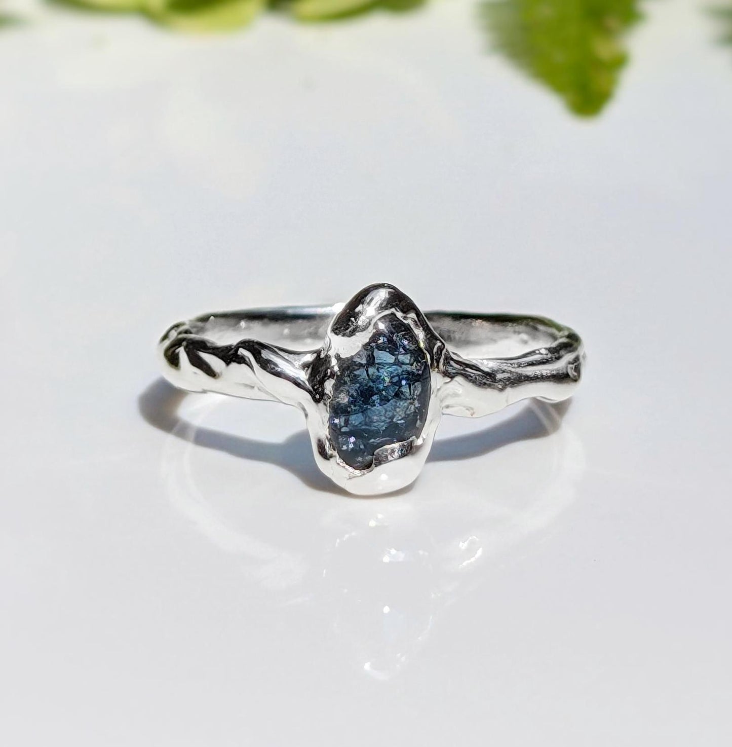 Teal Australian Sapphire ring in textured solid 14k Gold from the 'Pea in a Pod' collection.