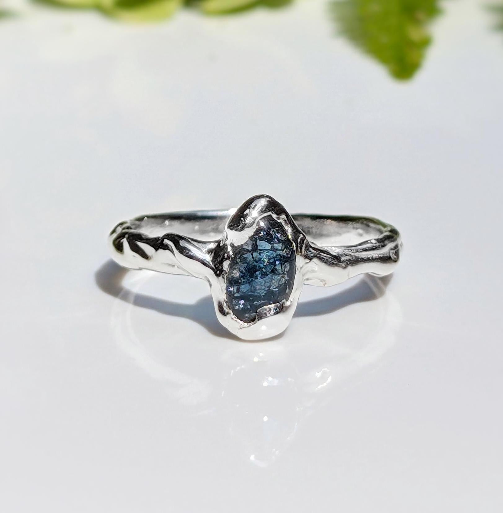 Teal Australian Sapphire ring in textured solid 14k Gold from the 'Pea in a Pod' collection.