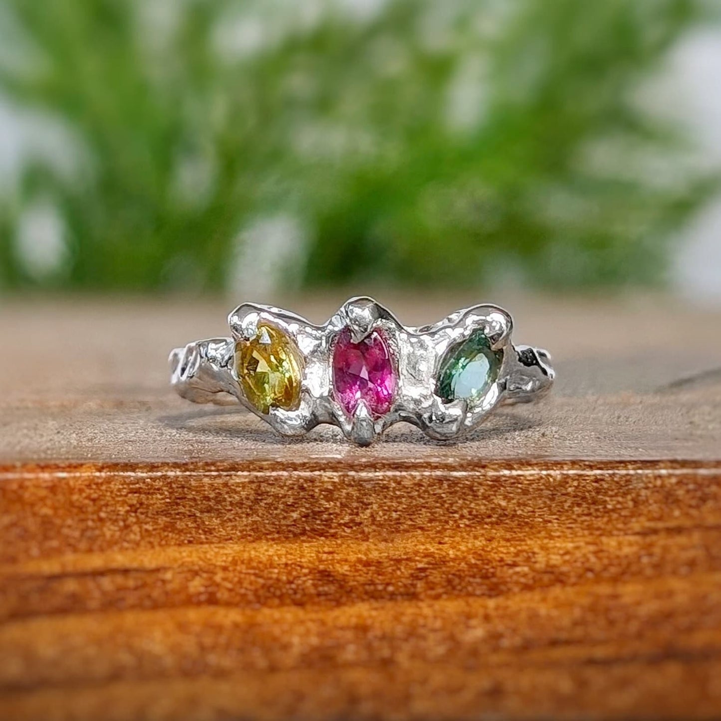 Natural multi Tourmaline silver ring featuring three colorful gemstones set in organic design.
