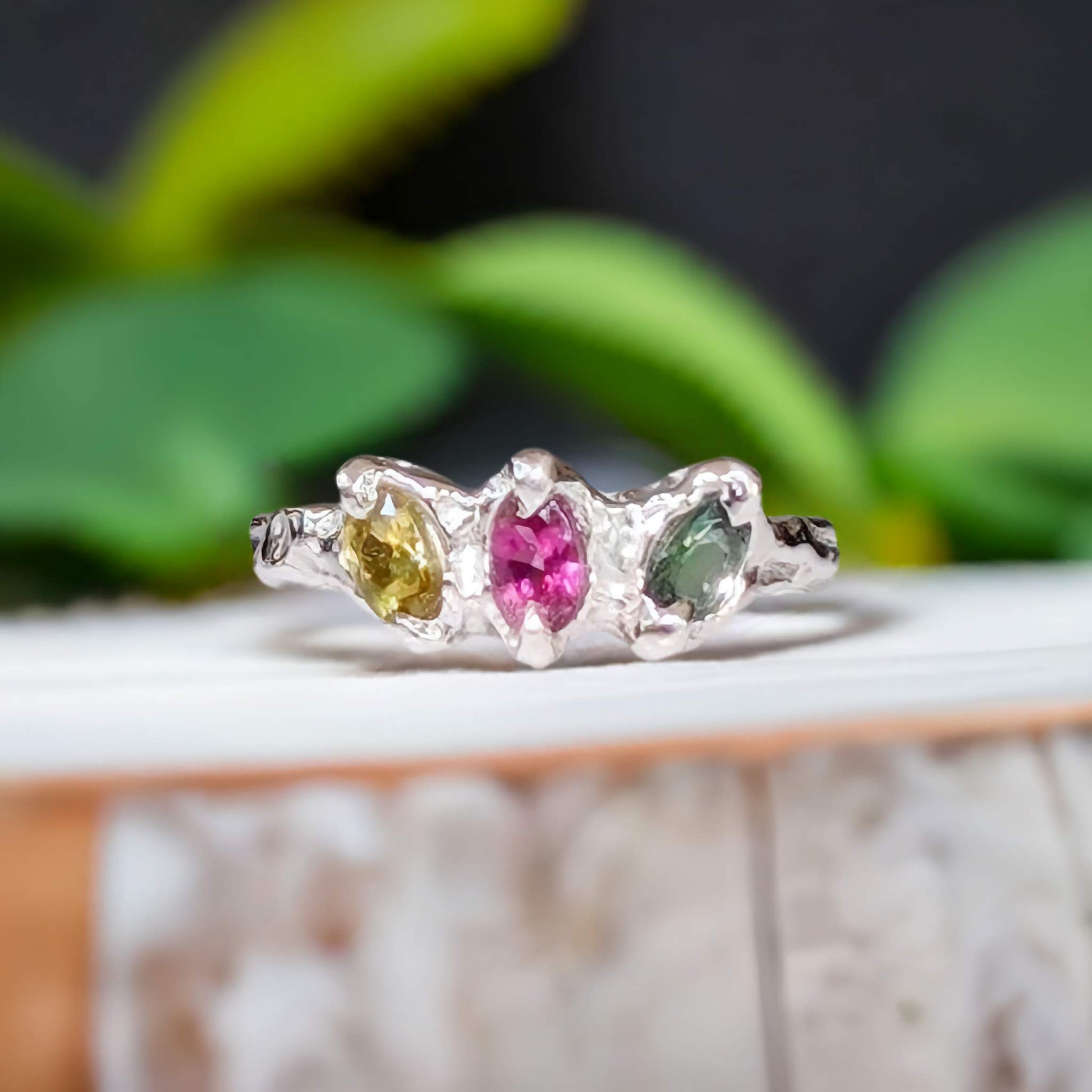 Natural multi Tourmaline silver ring featuring three colorful gemstones set in organic design, perfect for promise or engagement.