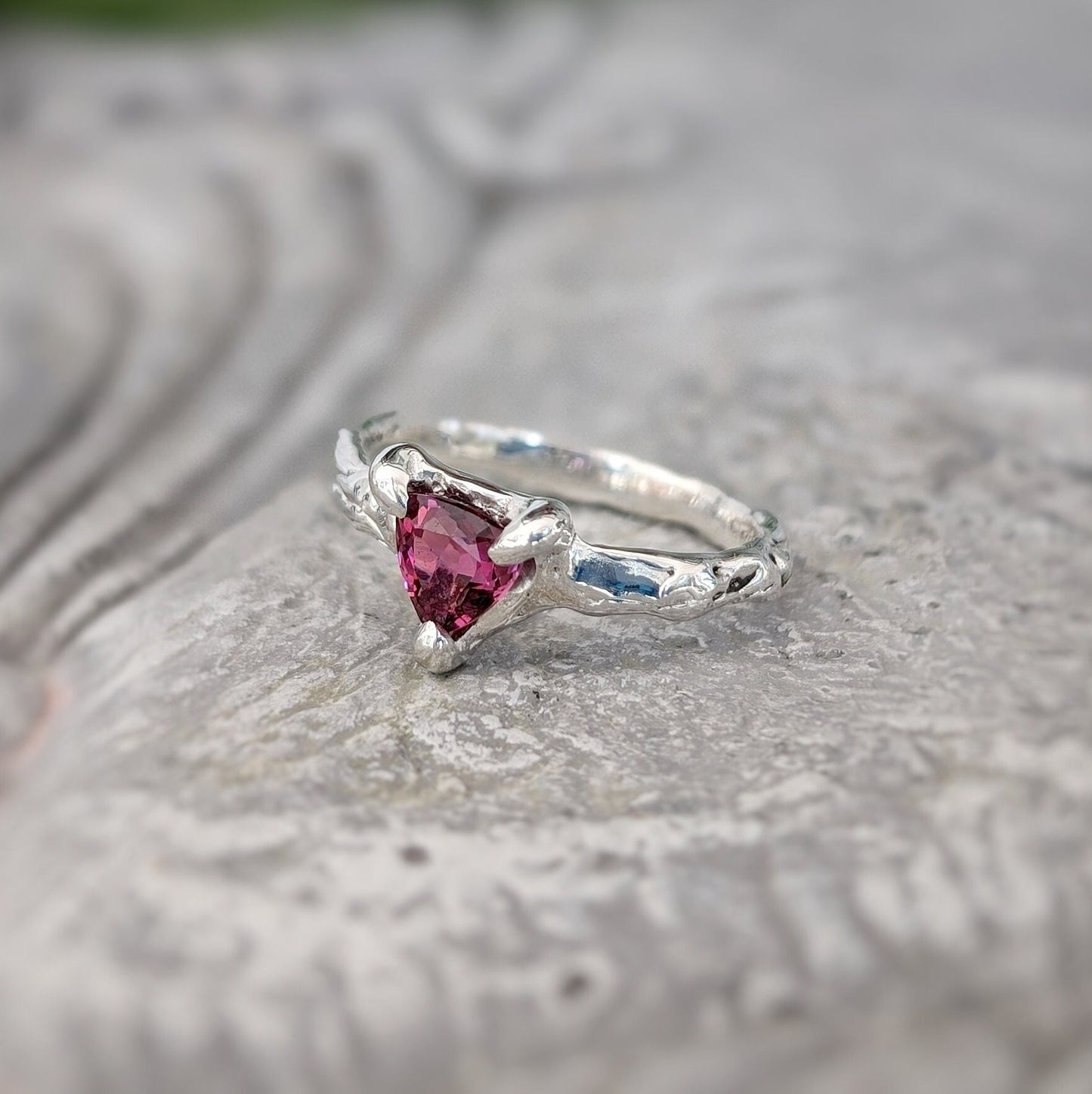 Handcrafted Natural Rubellite Tourmaline ring in solid sterling silver with unique organic textured band.
