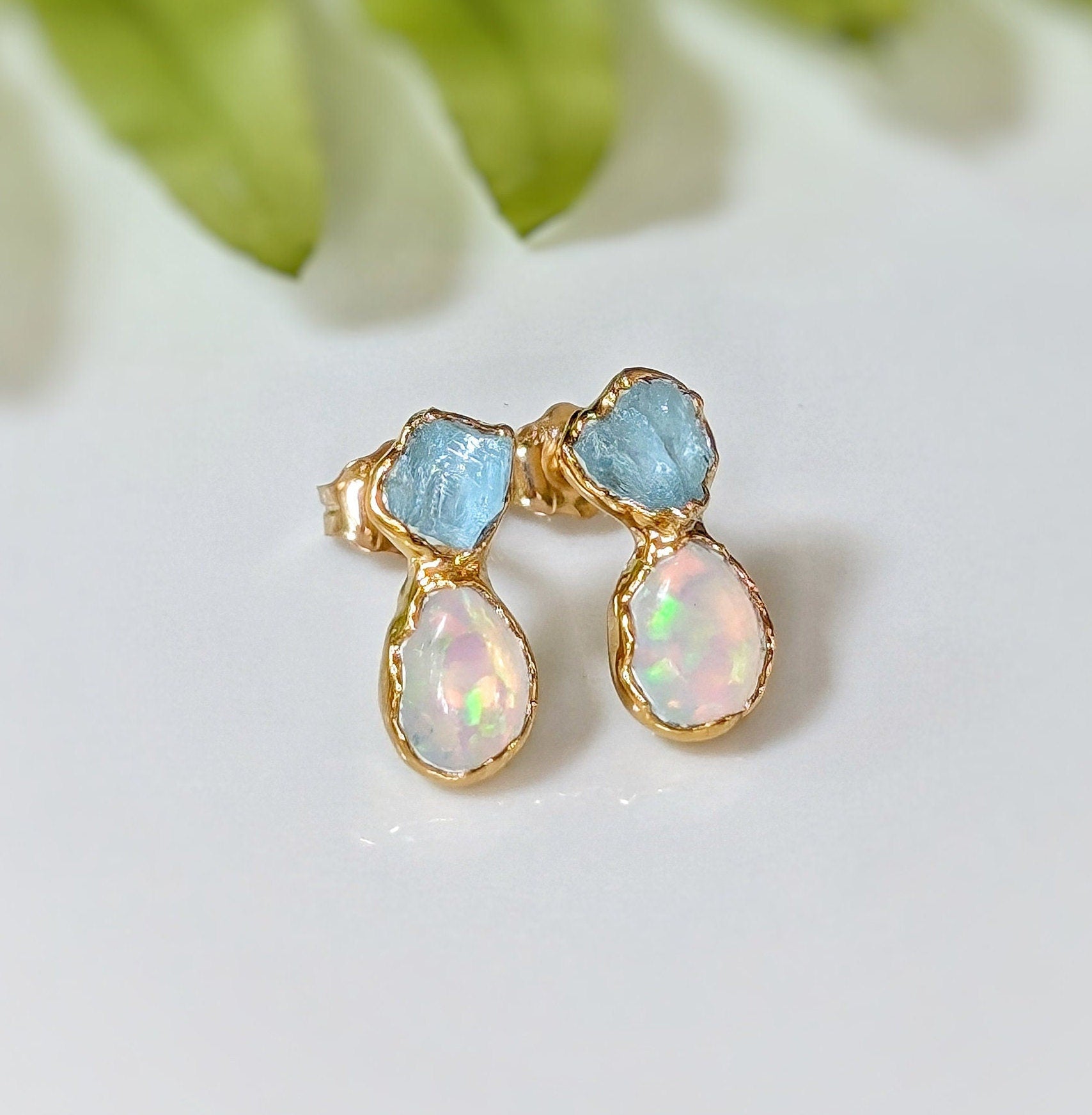 Raw Aquamarine and Opal stud earrings, handcrafted, elegant, unique design, perfect as bridal or everyday wear.