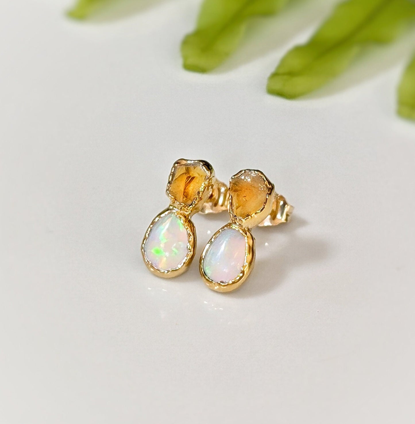 Dainty raw Citrine and Opal stud earrings with a unique handcrafted design, perfect for bridal or everyday elegance.