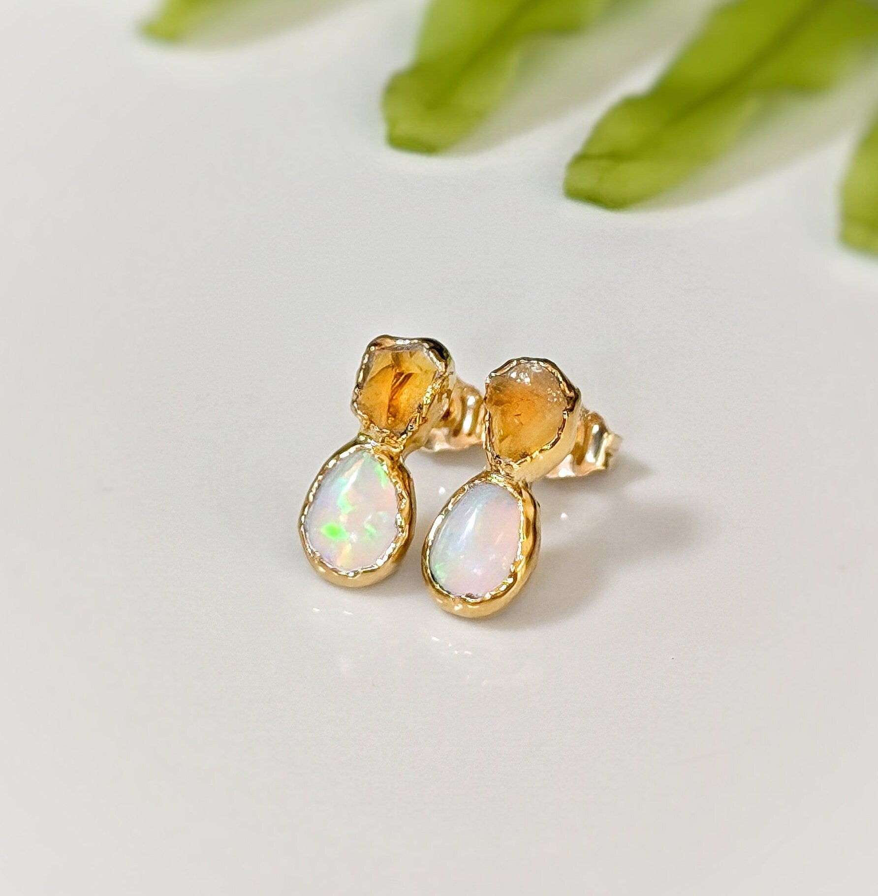 Dainty raw Citrine and Opal stud earrings with a unique handcrafted design, perfect for bridal or everyday elegance.