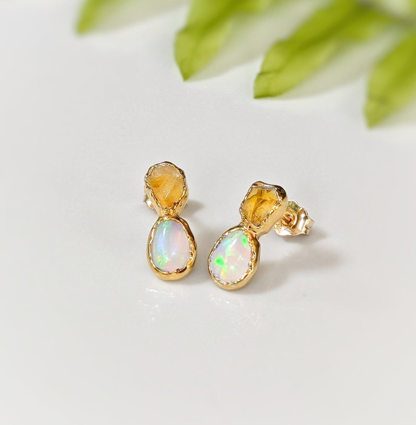 Dainty raw Citrine and Opal stud earrings with gold settings, perfect for bridal or everyday wear.