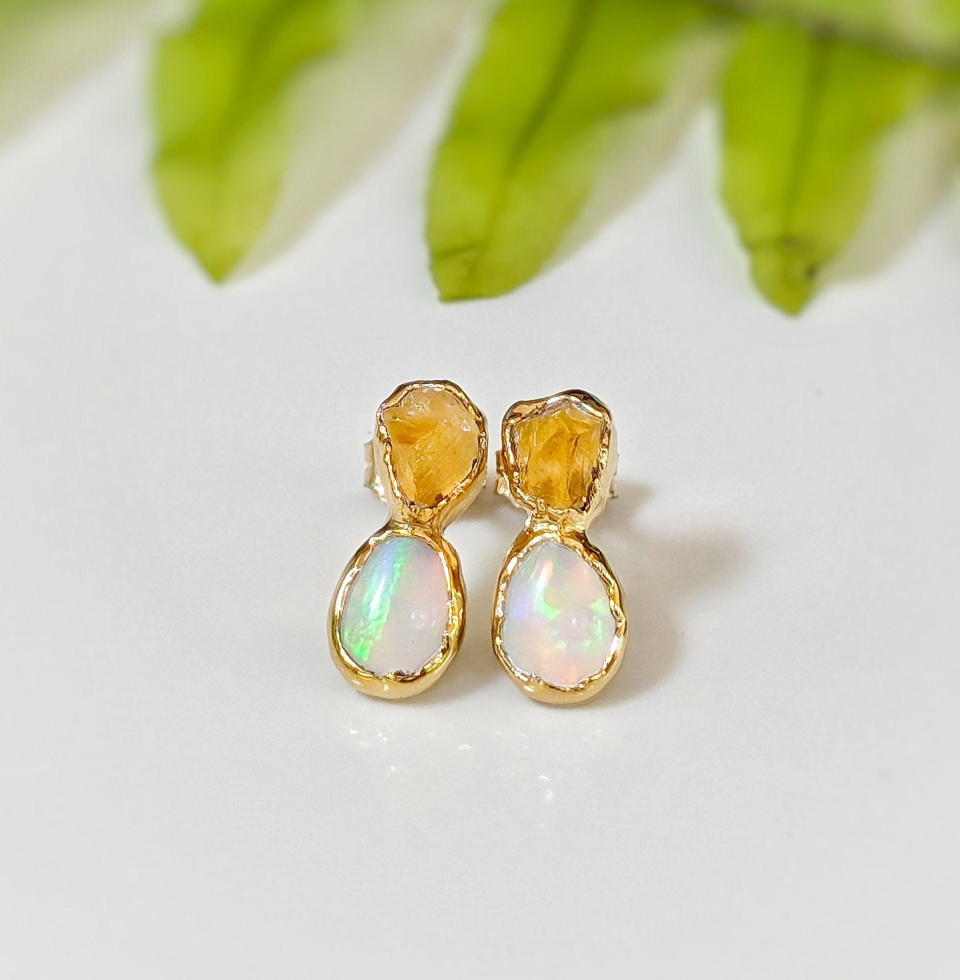 Dainty Raw Citrine and Opal stud earrings, handcrafted with unique design, perfect for bridal or everyday wear.
