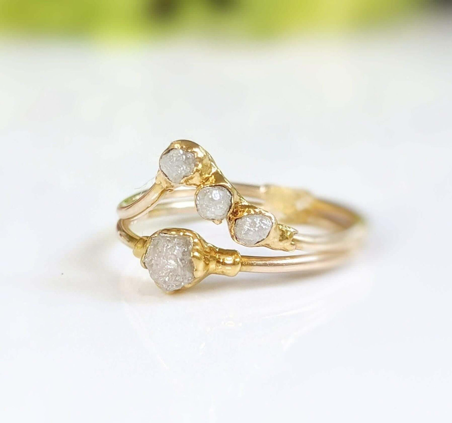 Raw diamond engagement ring in solid 14k gold, featuring unique rustic crystal design, perfect for an alternative engagement or promise.