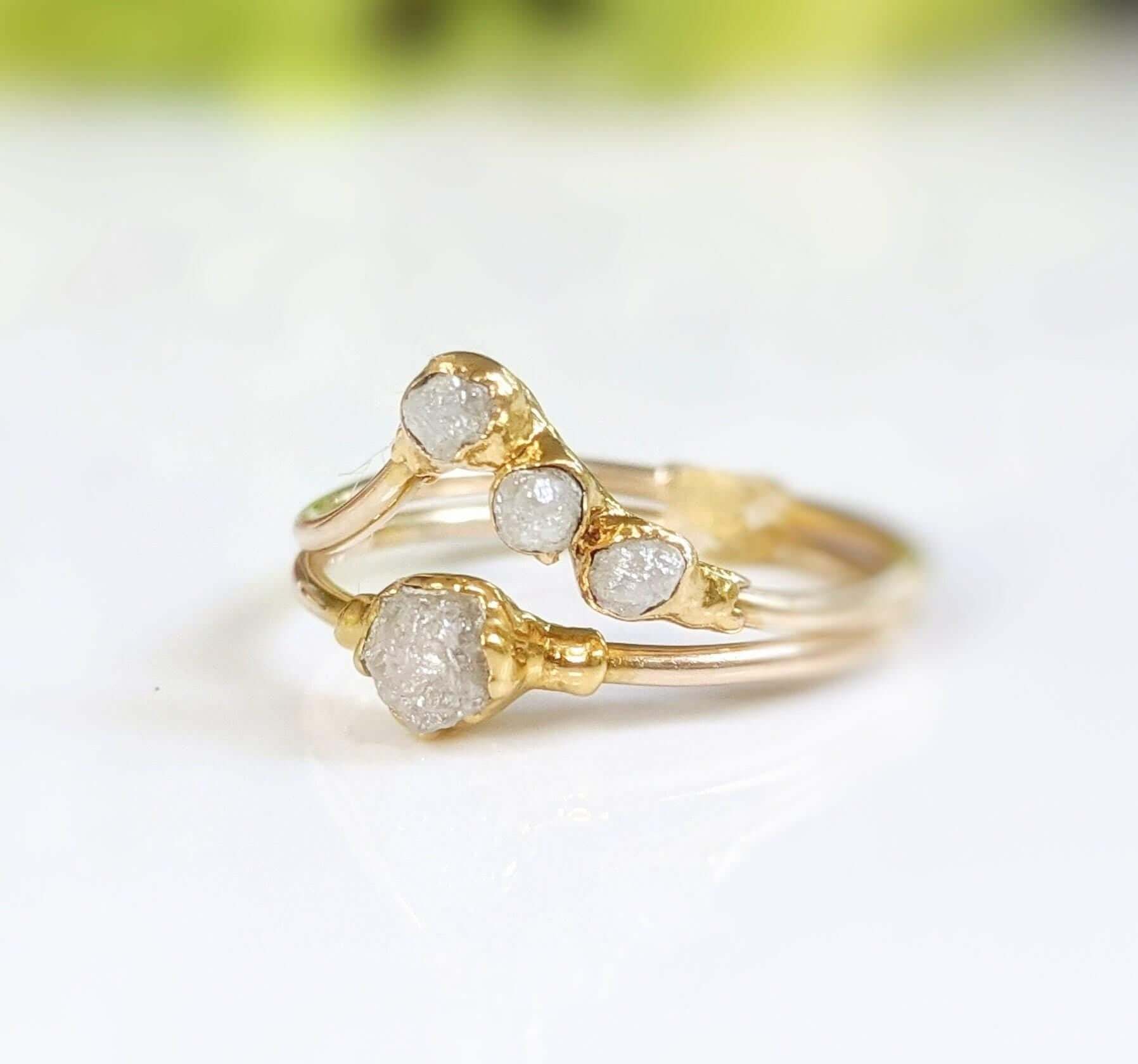 Raw diamond engagement ring in solid 14k gold, featuring unique rustic crystal design, perfect for an alternative engagement or promise.