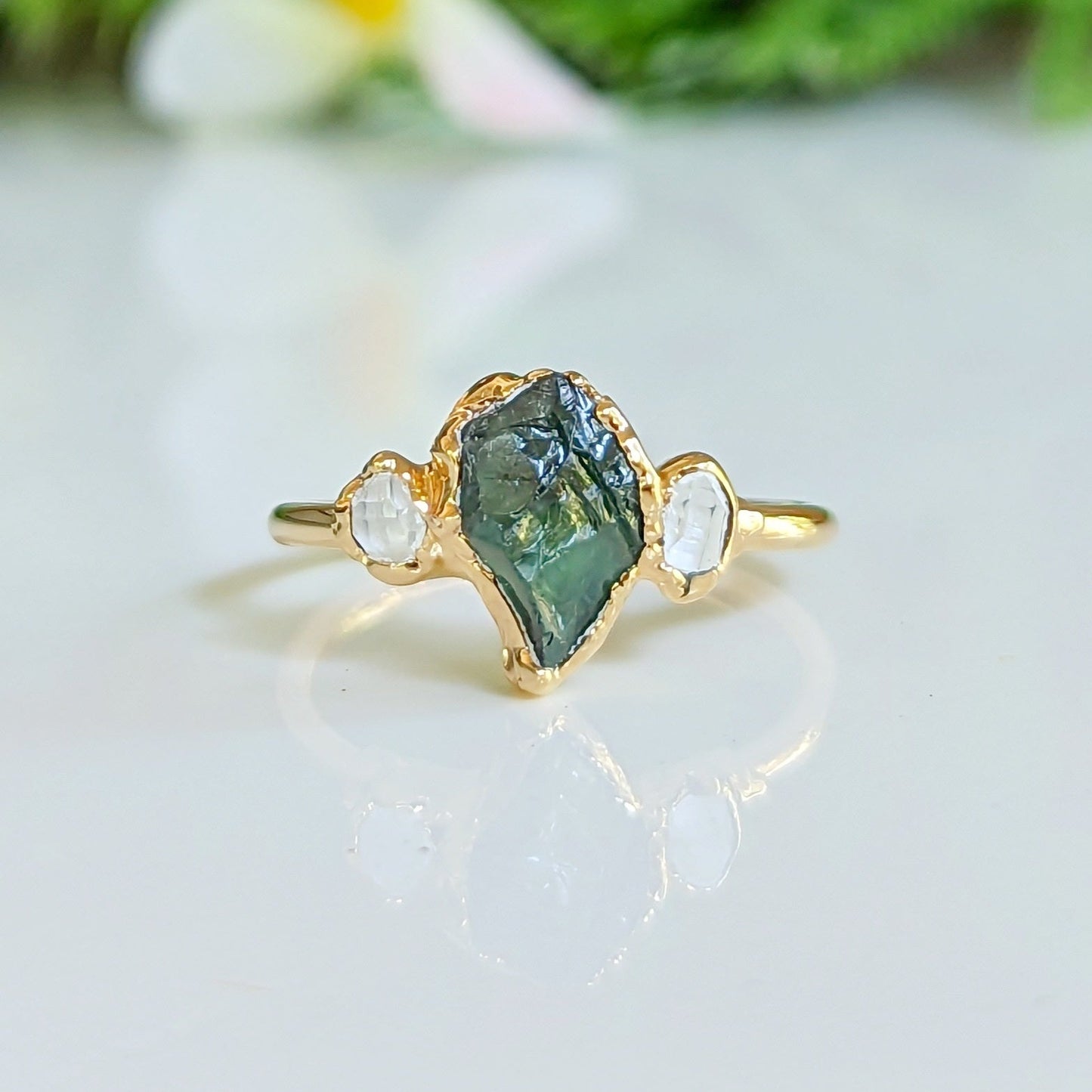 Raw green Sapphire & diamond engagement ring