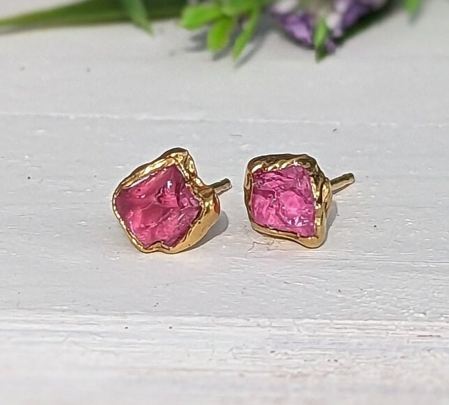 Dainty raw pink Spinel stud earrings with 14k gold filled posts, perfect for bridal or everyday elegance.