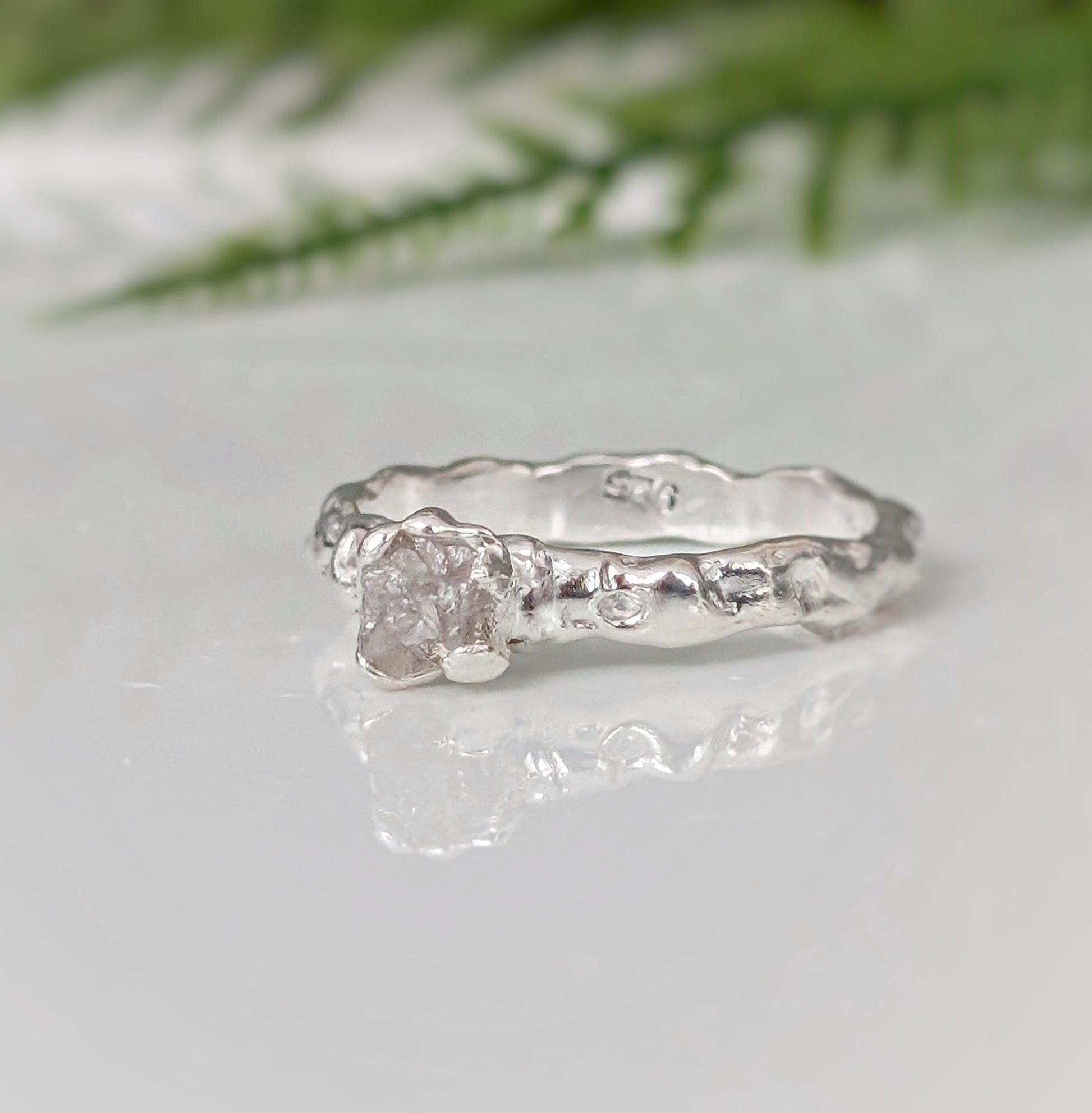 Rough diamond engagement ring in recycled Sterling Silver with unique Molten texture for an organic, earthy elegance.