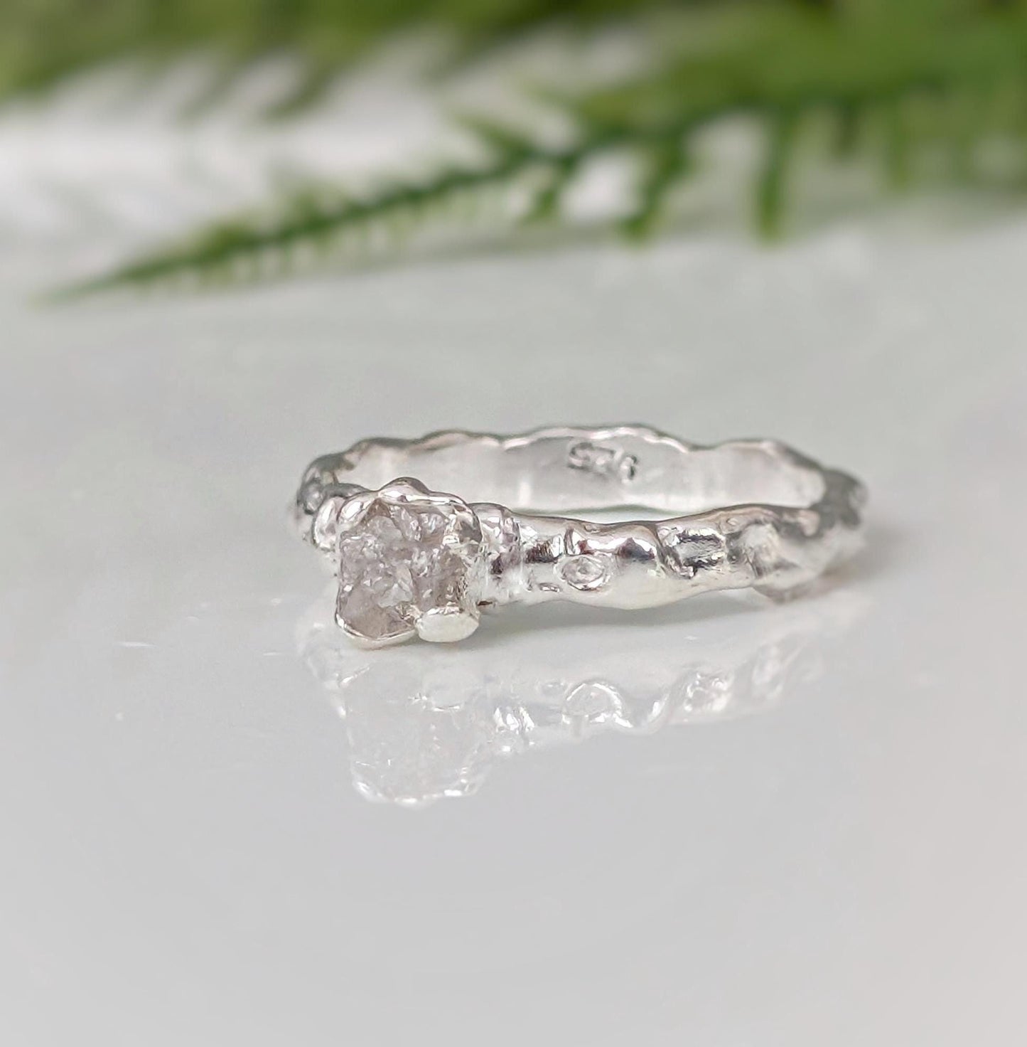 Rough diamond engagement ring in recycled Sterling Silver with unique Molten texture for an organic, earthy elegance.
