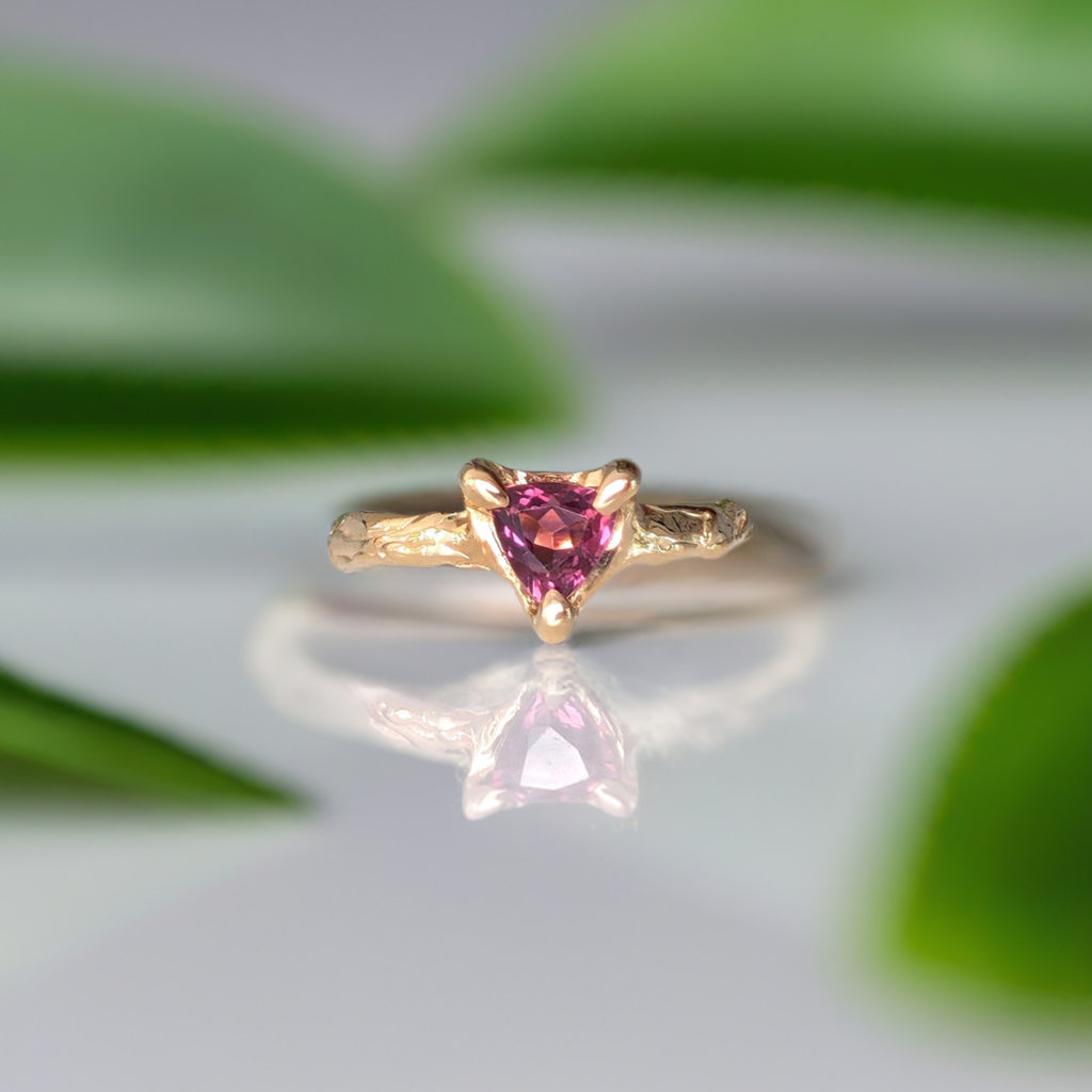 Rubellite Tourmaline engagement ring in Solid 14k Gold with organic textured band, trilliant shape gemstone.