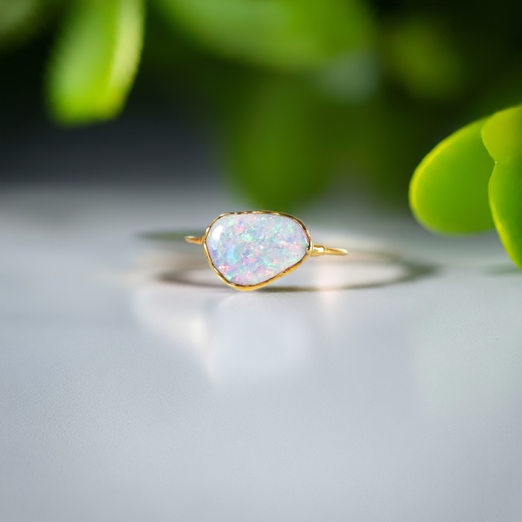 Handcrafted Australian Opal ring set in 14k Gold filled band, perfect for engagement or special occasions.