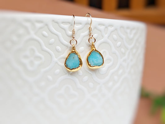 Aqua blue Amazonite dangle earrings with teardrop stones, set on 14k gold-filled hooks. Elegant gift for special occasions.