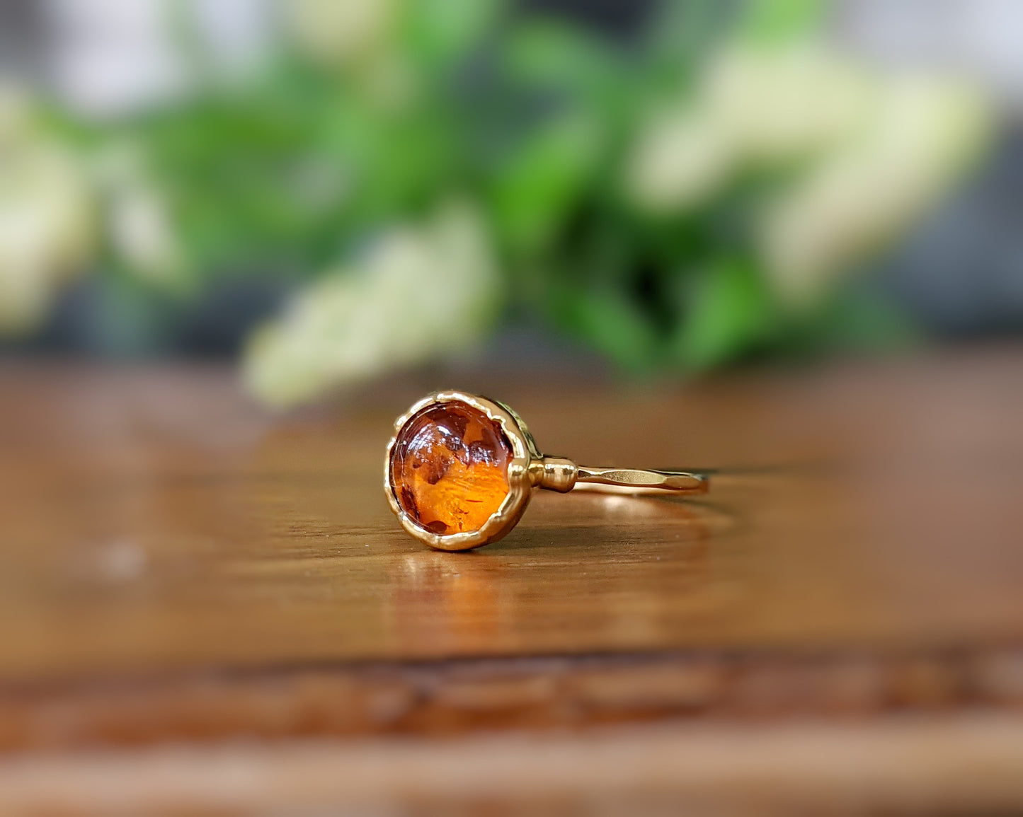 Baltic Amber Gold ring featuring a natural 8mm stone set on a 14k hammered Gold filled band, unique and handmade.